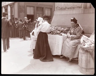 Vista de um vendedor ambulante de frutas em Battery Park, presumivelmente aguardando imigrantes de Ellis Island, Nova York, c.1901 (impressão de gelatina de prata)